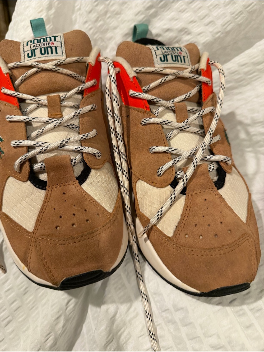Lacoste Men’s Tan Suede Sneakers with Cream and Orange Accents